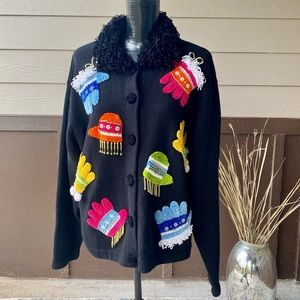 Vintage Mitten Holiday Embellished Sweater Cardigan Ugly Christmas Gaudy